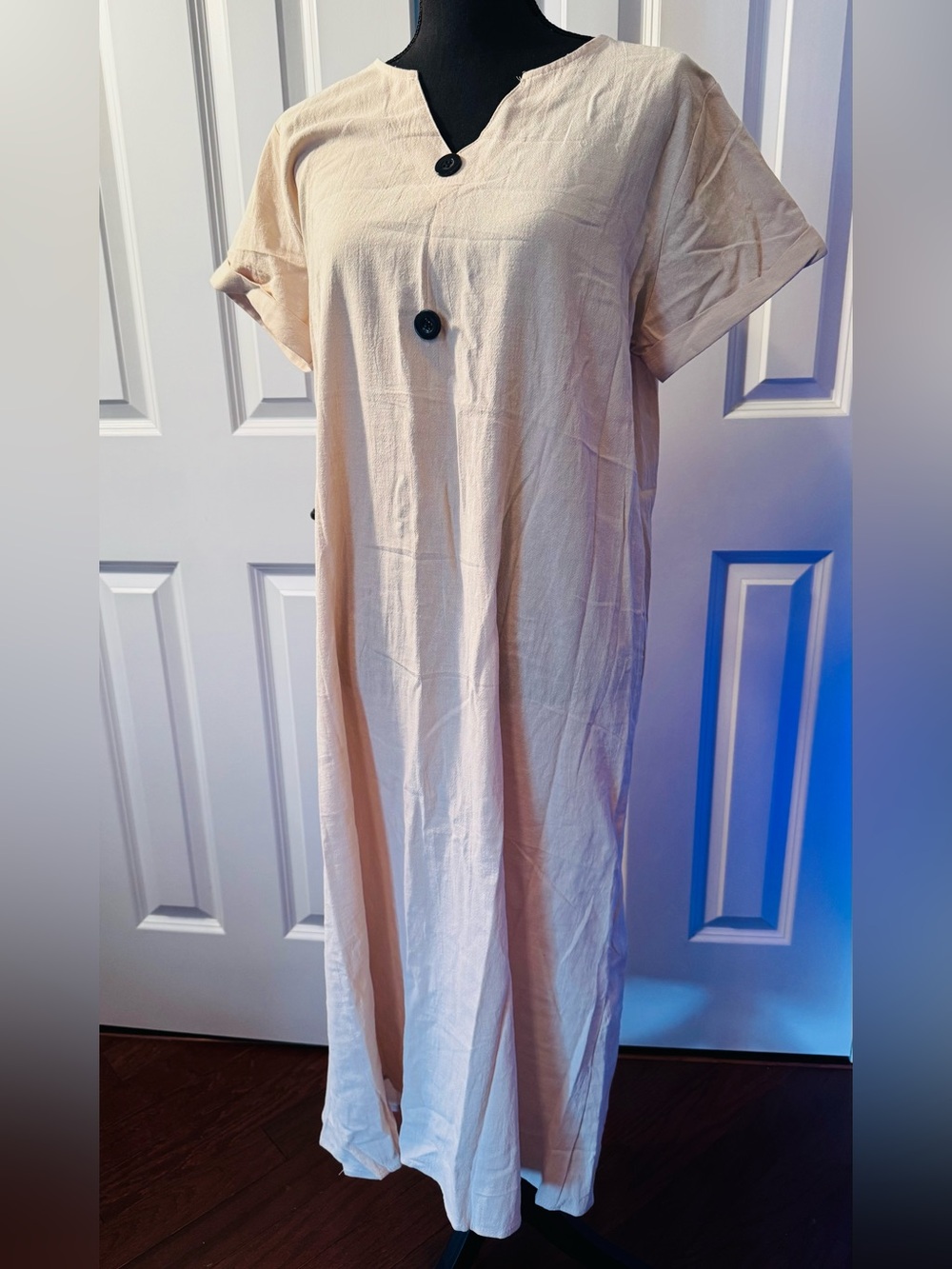 Women's Cream Short-Sleeve Maxi Dress with Button Detail